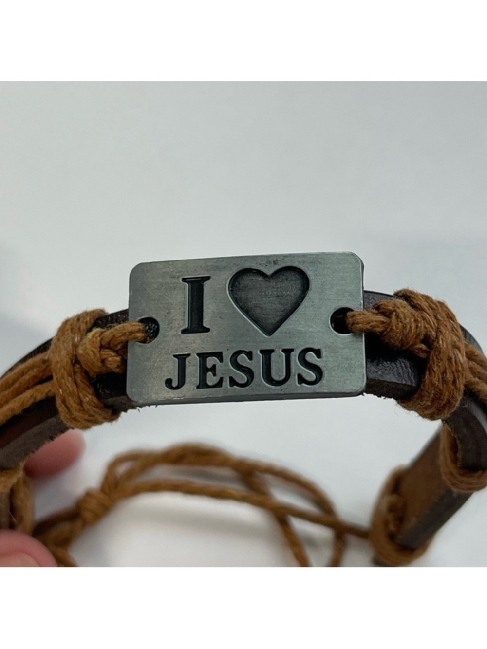 I Love Jesus Brown Leather & Cord Bracelet